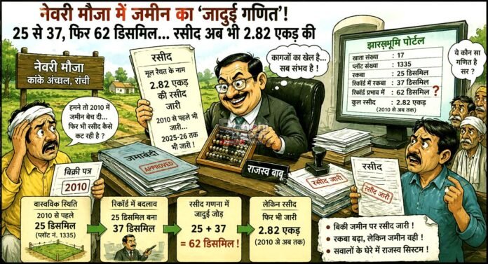 कांके अंचल का गणित: 25 से 37, फिर 62 डिसमिल और रसीद अब भी 2.82 एकड़ की! झारभूमि पोर्टल गड़बड़ी रांची जमीन घोटाला