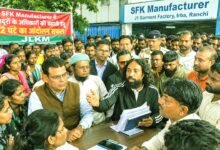 JLKM leader Devendra Nath Mahto and workers during the labour protest at SFK Manufacturer garment factory in Irba, Ranchi